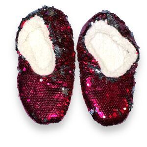 Womens Slippers Sequin Pink and Silver Slip On Fleece Lined Comfy Cozy